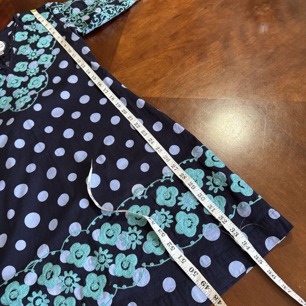 Almatrichi Madrid Spain Sz 36 Tunic Dress Navy Blue Polka Dot Floral Embroidered - Picture 7 of 12